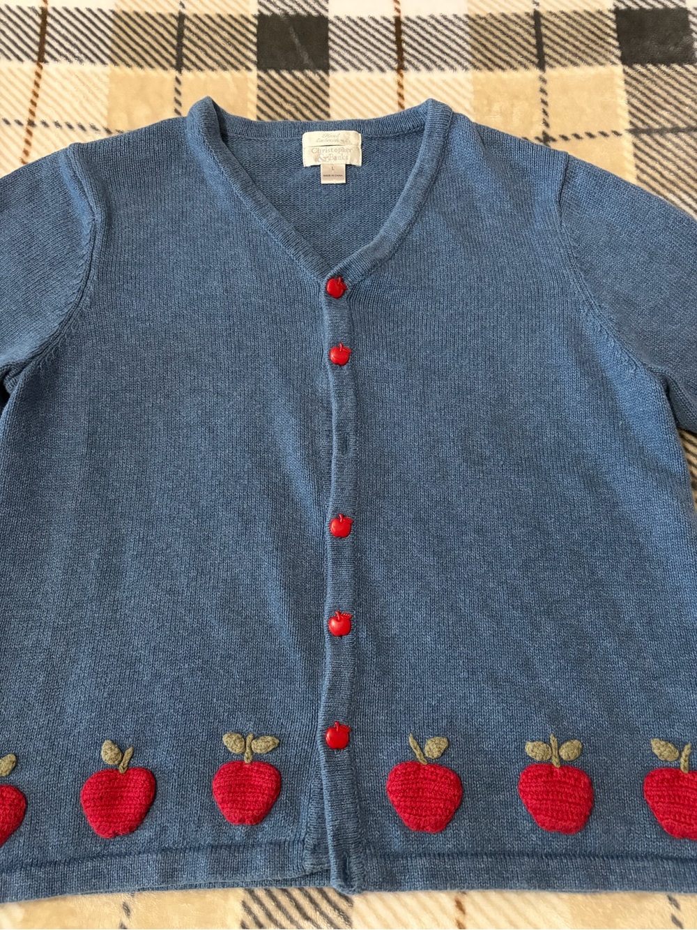 Christopher & Banks Denim Blue Cardigan with Red Apple Buttons